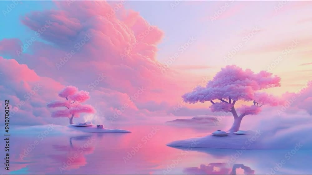 Canvas Prints a serene and peaceful scene of a lake with two trees and a cloudy sky 4k motion