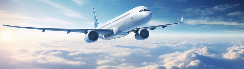 Obraz premium A soaring airplane gliding through a clear sky above fluffy clouds, symbolizing travel and adventure in the modern world.