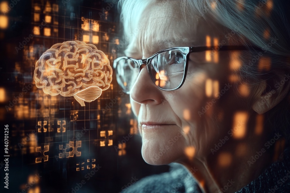 Poster a contemplative portrait of an elderly woman with a glowing brain symbolizing the wisdom of age the 