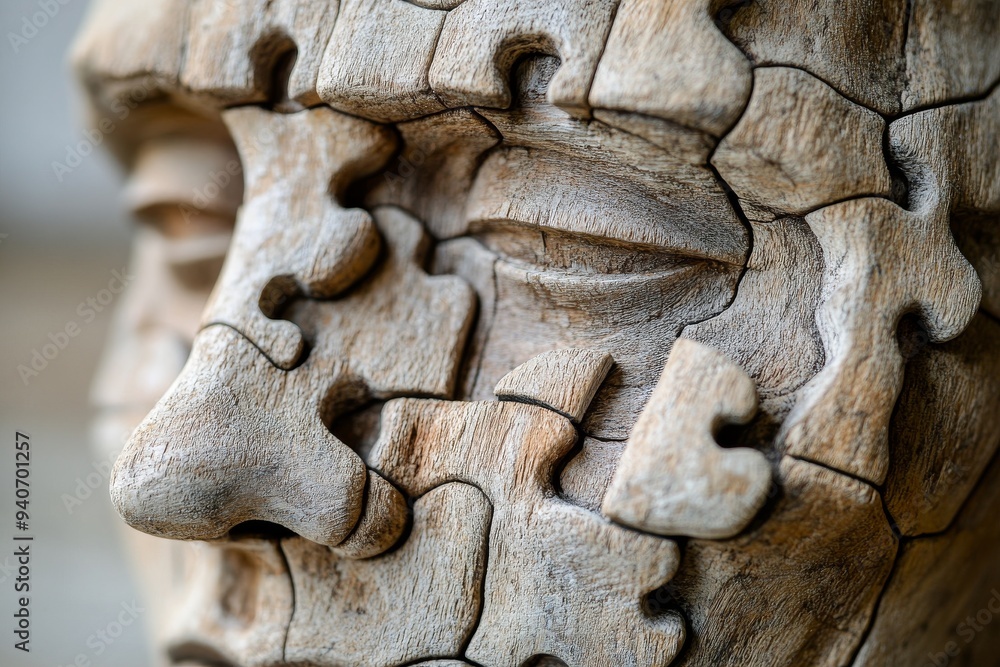 Poster a wooden sculpture of a face with puzzle pieces symbolizing the complexity of identity the intricaci