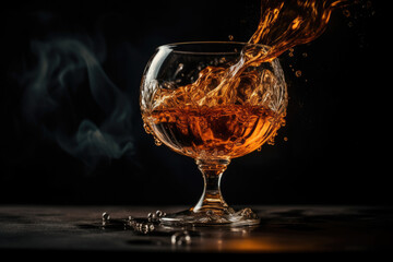 Brandy Splashing on Glass with Fire Flames and a Smoky, Moody Background Creating a Dramatic and Inviting Atmosphere Ideal for Beverage Photography and Cocktail Art