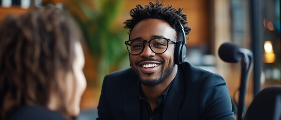 Fototapeta premium Cheerful African American man with glasses and a black suit engaging with an unrecognizable female guest at a podcast table in a studio, medium shot