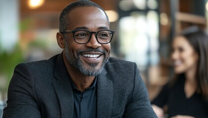 Fototapeta premium Cheerful African American man wearing glasses and a black suit engaging in conversation with an unrecognizable female guest at a table during a podcast recording in a studio