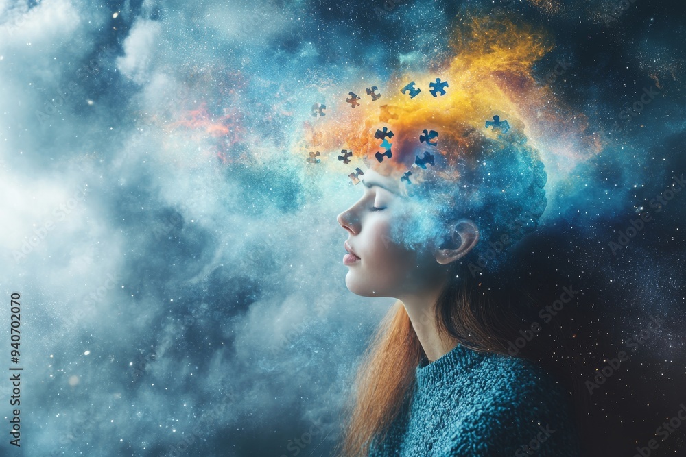 Poster a surreal portrait of a woman with her brain dissolving into stars symbolizing the fading of memory 