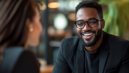Obraz premium Cheerful African American man wearing glasses and a black suit engaging in conversation with an unrecognizable female guest at a table during a podcast recording in a studio