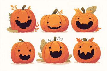 Naklejka premium Pumpkins with various expressions. Illustrations for Thanksgiving and Halloween. 