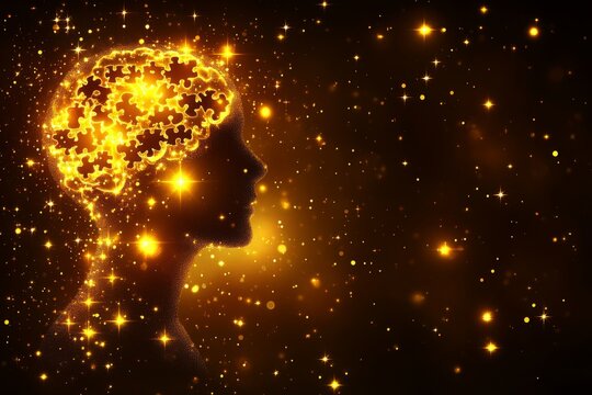 A vibrant digital illustration of a woman with a glowing brain symbolizing the brilliance of thought the dynamic energy of creativity and the limitless potential of intellectual innovation