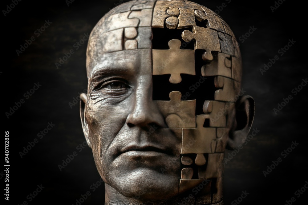 Poster a sculptural portrait of a man with puzzle pieces on his face symbolizing the fragmentation of ident