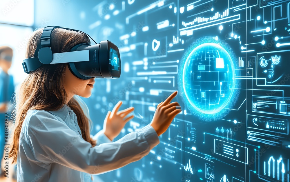 Poster classroom innovation featuring a school student wearing a vr headset, interacting with ai technology