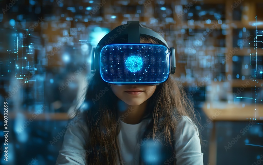 Poster classroom innovation featuring a school student wearing a vr headset, interacting with ai technology