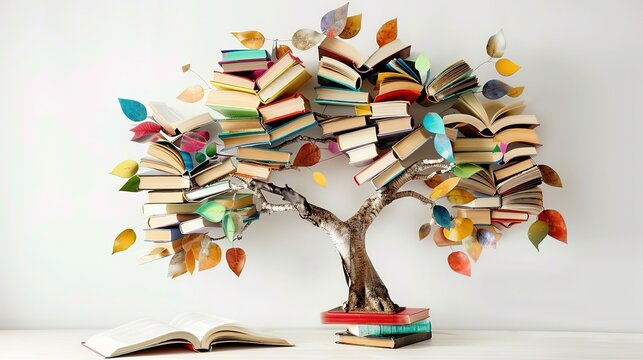3D Rendering of a Tree Made of Books Symbolizing Growth and Learning on White Background