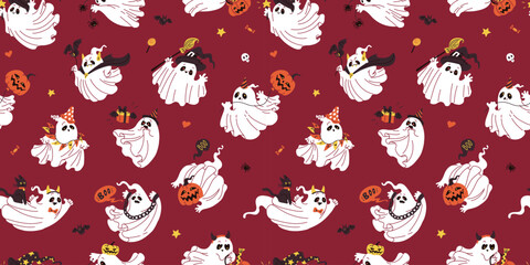 Halloween. Seamless vector pattern featuring ghosts, bats and pumpkins on a red background. T