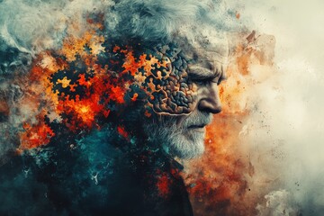 A surreal portrayal of a man with fiery brain imagery representing the intense energy of thought the power of creativity and the passionate drive for intellectual growth
