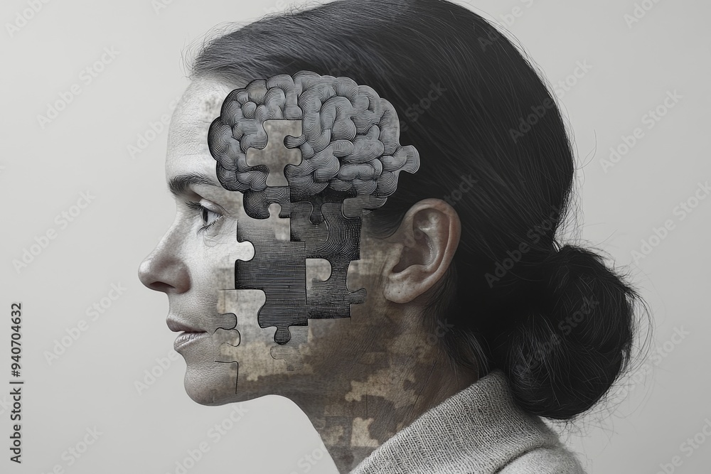 Poster a monochromatic profile of a woman with a brain made of puzzle pieces representing the intricate con