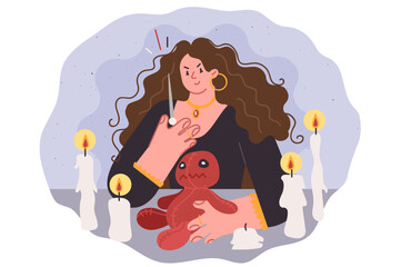 Woman with needle and voodoo doll practices black magic and casts curse on victim