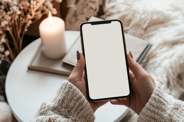 Hand holding a blank screen phone mockup on a cozy winter background