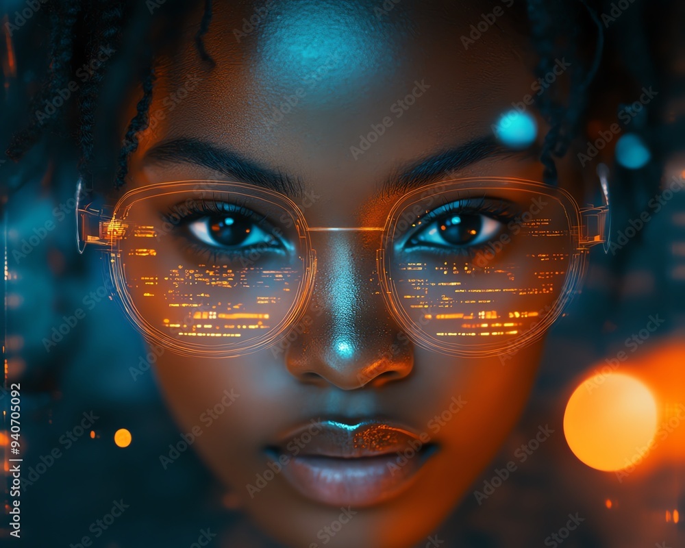 Aufkleber female african american it specialist in a hightech environment analyzing futuristic holographic dat