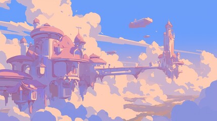A whimsical fantasy cityscape with pink and blue buildings in the clouds.