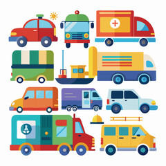 Collection of Colorful Cartoon Vehicles with Flat Design