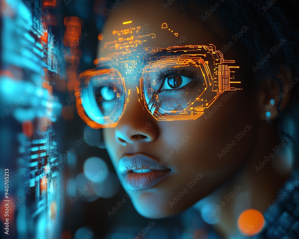 Aufkleber female african american it specialist in a hightech environment analyzing futuristic holographic dat