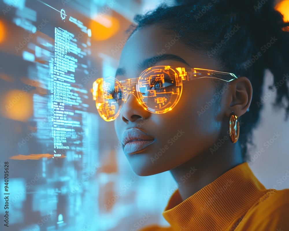 Aufkleber female african american it specialist in a hightech environment analyzing futuristic holographic dat