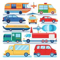 A Collection of Diverse Vehicles with Flat Cartoon Style