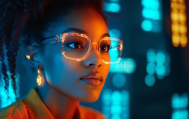 Female African American IT specialist reviewing holographic data on AI cyber security threats, with a blue and orange color scheme, highlighting augmented reality and AI technology