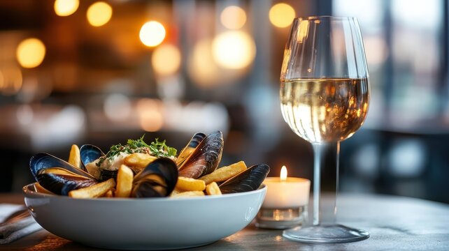 Moules-frites with a lit candle nearby, creating a cozy and intimate dining atmosphere.