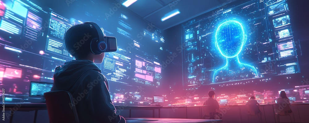Poster futuristic classroom with a school student wearing a vr headset, engaged in ai technology and machin