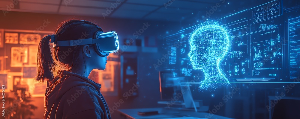 Poster futuristic classroom with a school student wearing a vr headset, engaged in ai technology and machin