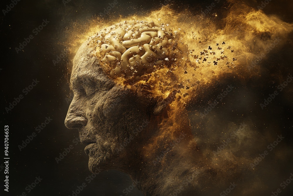 Poster a surreal depiction of an elderly man with a brain dissolving into golden particles symbolizing the 