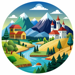 Picturesque Mountain Landscape with River, Houses, and Trees