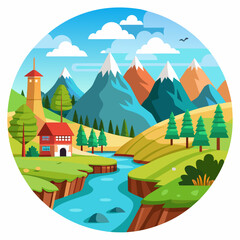 Mountainous Landscape with a River, House, and Tower