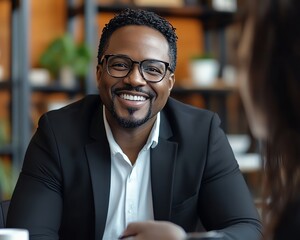 Medium shot of a happy African American man wearing glasses and a black suit talking to an unrecognizable female guest at a podcast table in a studio setting