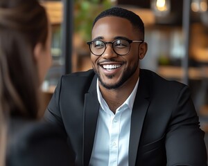 Fototapeta premium Medium shot of a happy African American man wearing glasses and a black suit talking to an unrecognizable female guest at a podcast table in a studio setting