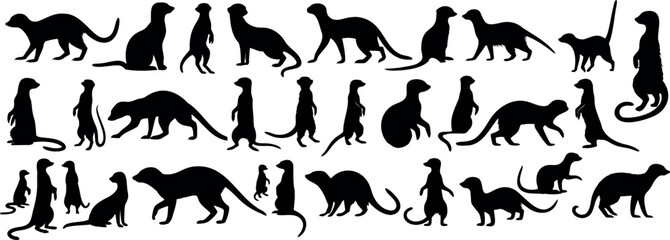 Meerkat silhouette vector collection, animal poses, standing, walking, watching meerkat set, wildlife art meerkat vector illustration for nature designs, educational content, animal lover