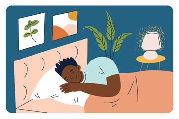 Sleeping man vector illustration, flat cartoon scene of an African American character in his cozy bedroom. The serene atmosphere with nightstand lamp, relaxation and rest concept, healthy sleep