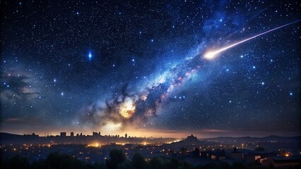 Beautiful Meteor shower in the dark sky at night background, Shiny of shooting star from space, landscape outside of the city, milky way scene.
