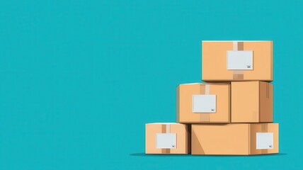 Fototapeta premium A stack of cardboard boxes on a vibrant teal background, perfect for e-commerce and shipping concepts.