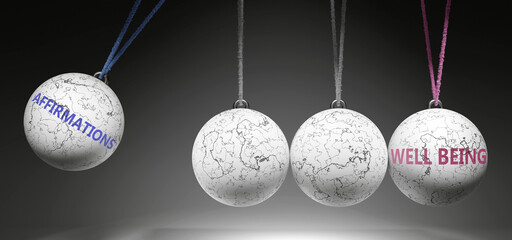 Affirmations and Well Being - cause and effect relationship. A Newton cradle metaphor showing how affirmations results in well being. It initiates well being. ,3d illustration