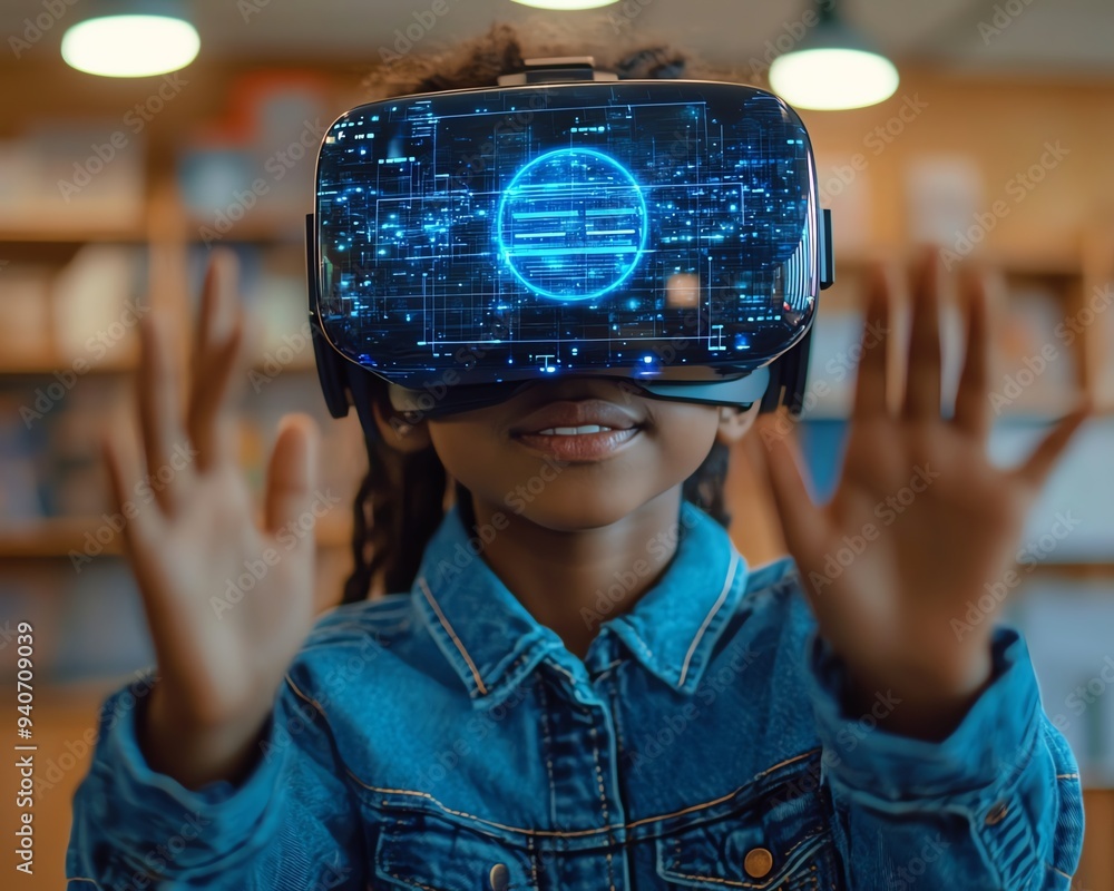 Fototapete School student in a classroom using VR headset for AI and machine learning applications, showcasing interactive technology and innovation with a blue AI hologram