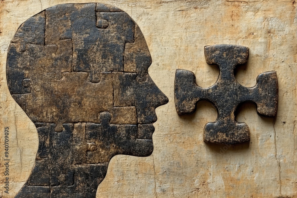 Poster a rustic depiction of a human head with a missing puzzle piece symbolizing the challenges of memory 