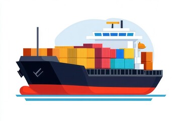 Colorful cargo ship with containers navigating calm waters, symbolizing maritime trade and global shipping.
