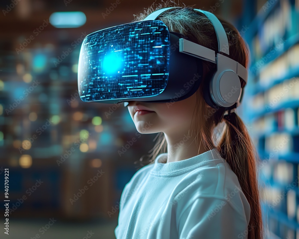 Aufkleber School student in a classroom using VR headset for AI and machine learning applications, showcasing interactive technology and innovation with a blue AI hologram