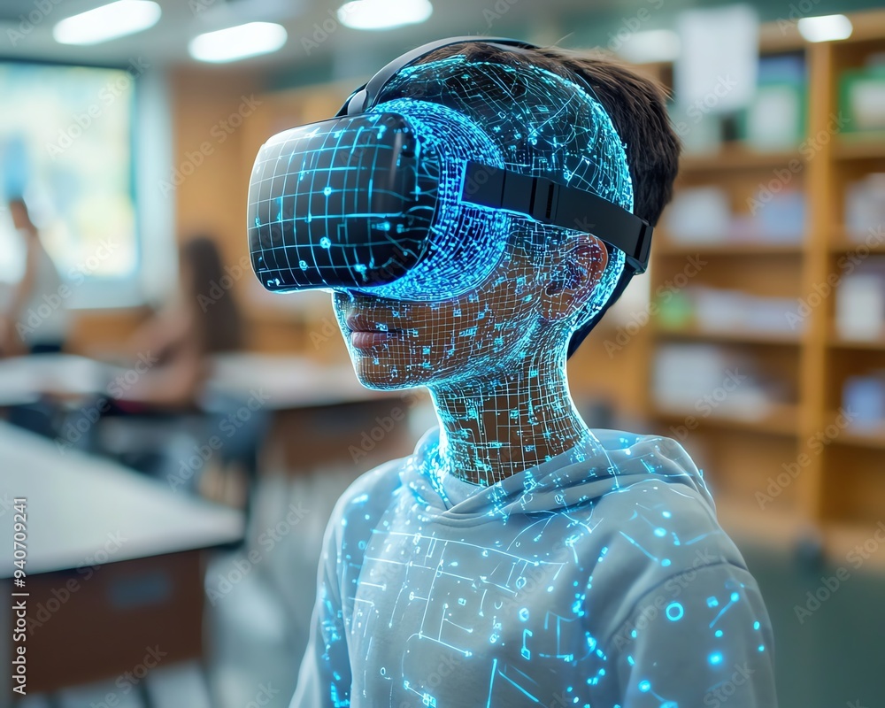 Poster School student using a VR headset with AI artificial intelligence technology and machine learning in an interactive classroom setting
