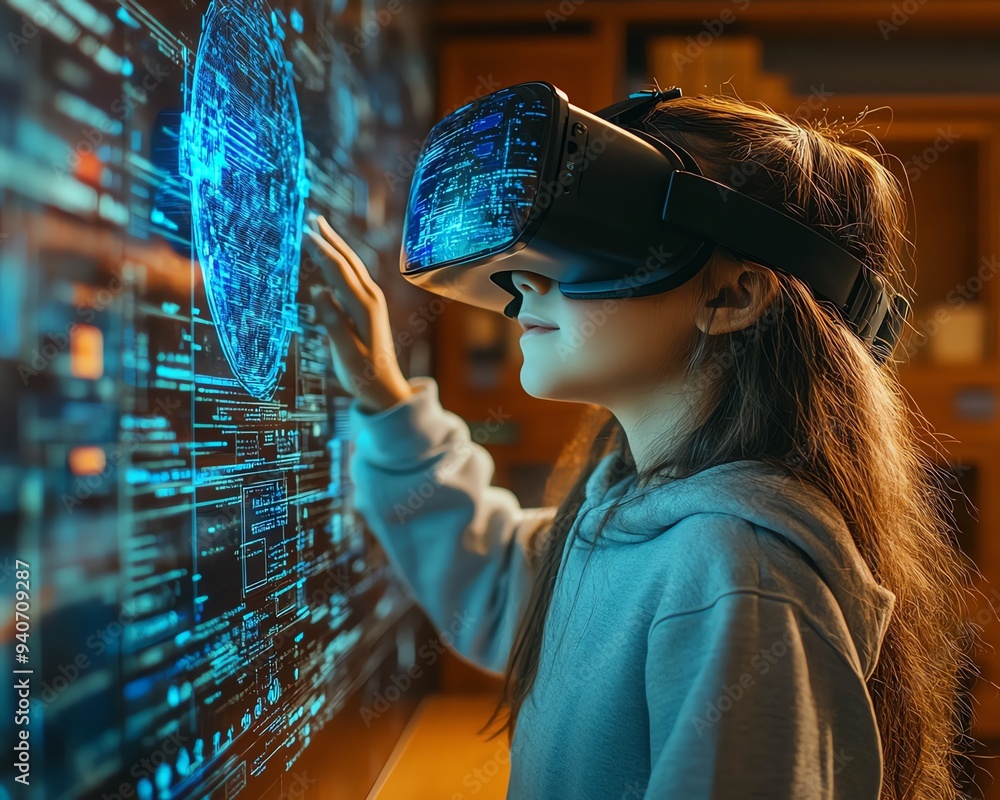 Fototapete school student in a classroom using vr headset for ai and machine learning applications, showcasing 