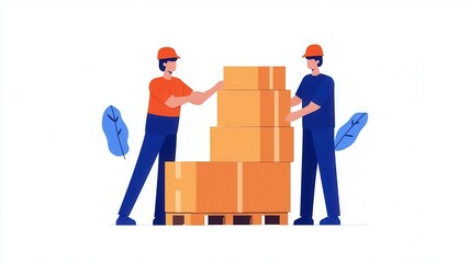 Two workers in helmets collaborating to stack boxes on a pallet, showcasing teamwork in a warehouse or logistics setting.