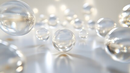 Fototapeta premium Glowing Light Orbs: Bright, glowing orbs of light floating in mid-air, casting soft reflections on a white background. 