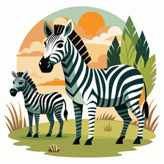 Adult and Baby Zebra in a Lush African Landscape