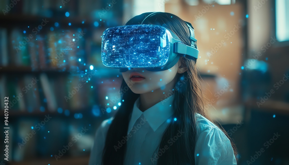 Poster student in a classroom with a vr headset, exploring ai artificial intelligence and machine learning,